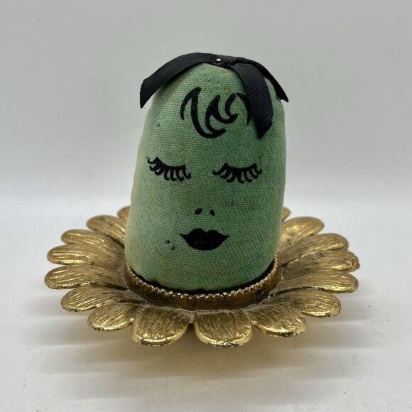 Vintage Brass Pin Cushion Sunflower Lady Head Velvet - Picture 2 of 7